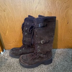 Under the knee laced up brown boots